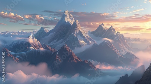 A breathtaking mountain landscape at sunrise, with misty valleys and snow-capped peaks stretching to the horizon. photo