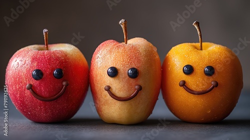 Three Smiling Apples with Faces on Grey Background photo