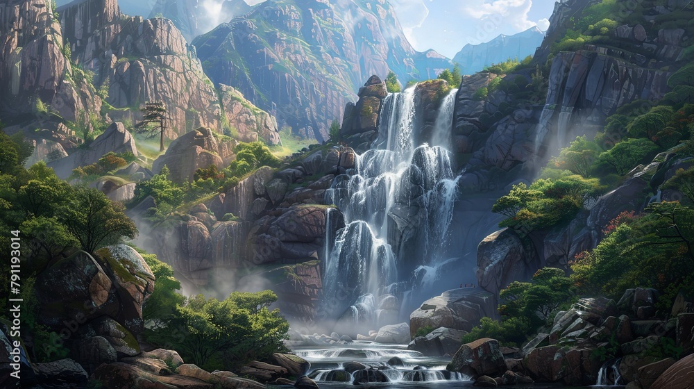 A majestic waterfall cascading down a rocky cliff, surrounded by lush vegetation and framed by dramatic rock formations. A majestic waterfall cascading down a rocky cliff, surrounded by lush vegetation and framed by dramatic rock formations.