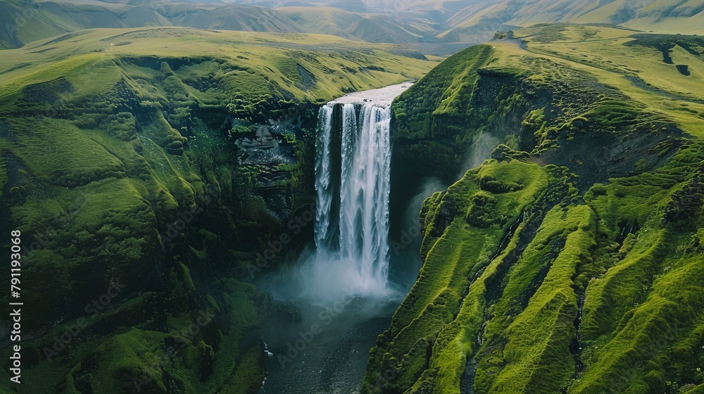 A majestic waterfall cascading down lush green cliffs, showcasing the raw beauty and power of nature's wonders. - obrazy, fototapety, plakaty 