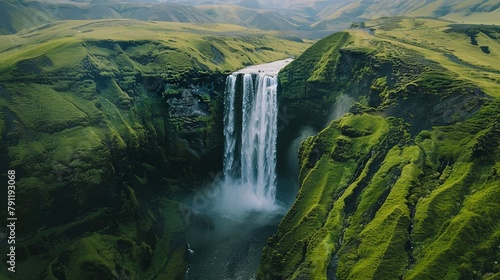 A majestic waterfall cascading down lush green cliffs, showcasing the raw beauty and power of nature's wonders.