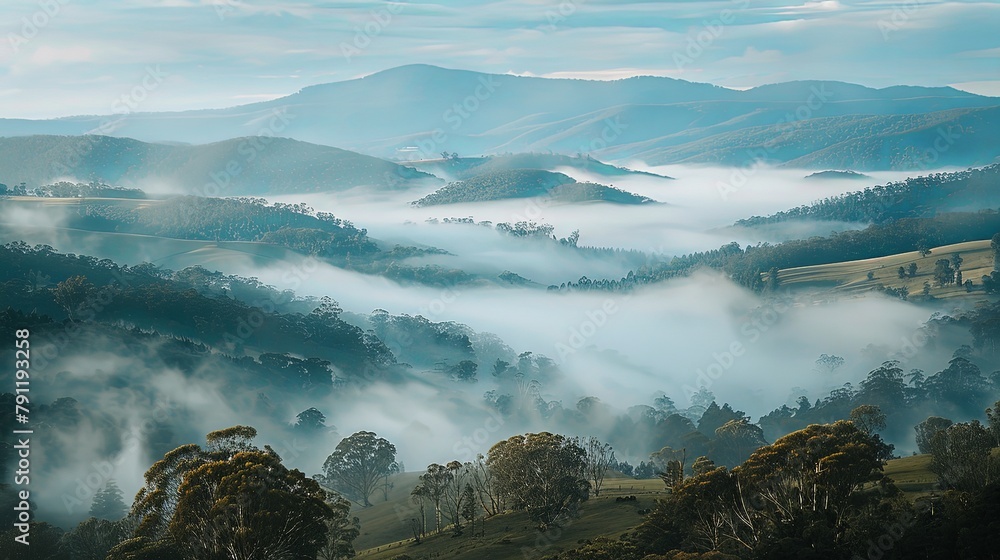 Obraz premium A panoramic view of rolling hills and valleys blanketed in mist, evoking a sense of mystery and awe in nature's grandeur.