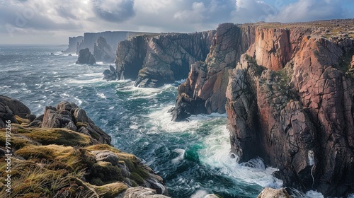 A panoramic view of a rugged coastline  with towering cliffs and crashing waves creating a dramatic and awe-inspiring seascape.