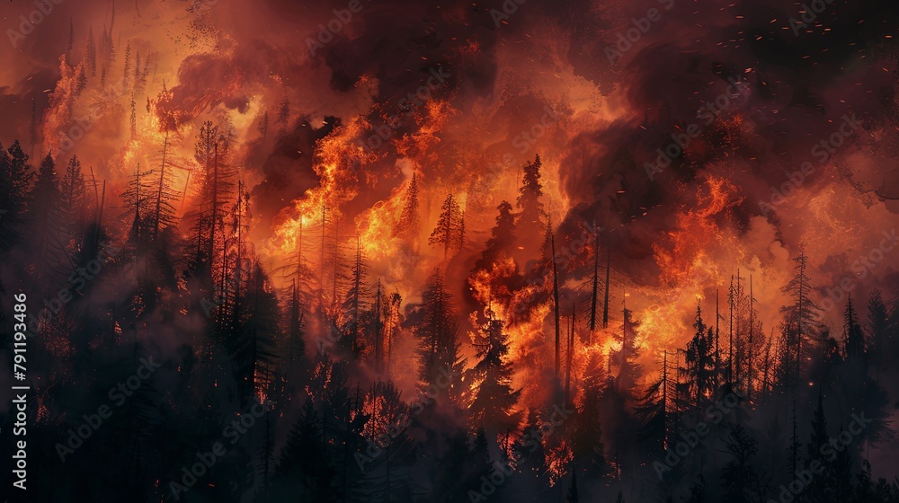 A raging wildfire consuming trees in a dense forest, with billowing smoke and flames creating a scene of devastation and danger.