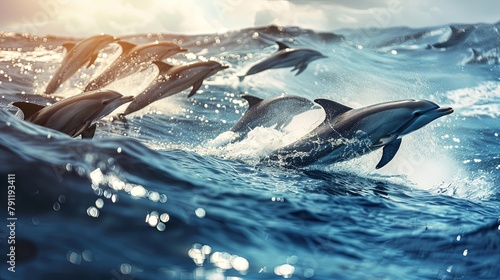 A pod of dolphins leaping gracefully out of the ocean waves, their sleek bodies glistening in the sunlight against a backdrop of blue sea. photo