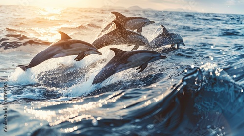 A pod of dolphins leaping gracefully out of the ocean waves, their sleek bodies glistening in the sunlight against a backdrop of blue sea.