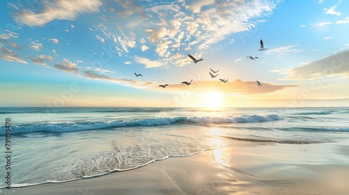 A pristine beach at sunrise, with soft waves lapping against the shore and seagulls soaring in the sky, embodying tranquility by the sea. photo