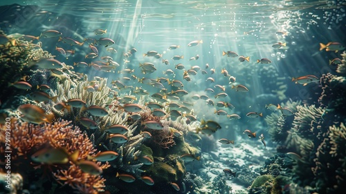 A school of tropical fish swimming in unison through a coral reef, their iridescent scales shimmering in the dappled sunlight filtering through the water.