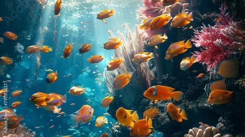 A school of tropical fish swimming in unison through a coral reef, their iridescent scales shimmering in the dappled sunlight filtering through the water.