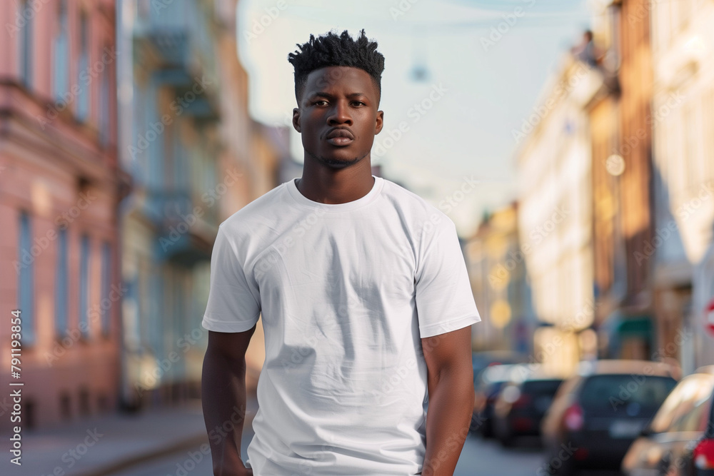 Fototapeta premium African American man wearing an empty white T-shirt standing on a street mockup, background street