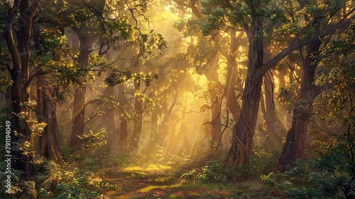 A tranquil forest scene with golden sunlight filtering through the canopy, inviting viewers to connect with the serenity of the wilderness.