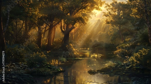 A tranquil forest scene with golden sunlight filtering through the canopy  inviting viewers to connect with the serenity of the wilderness.