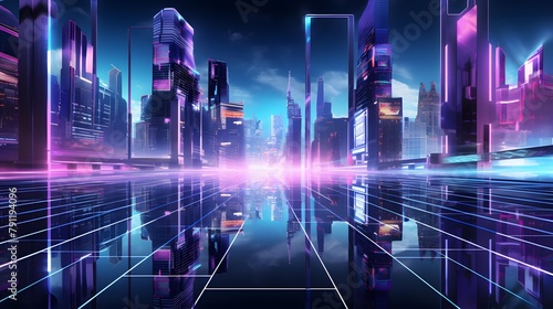 Futuristic city with neon lights and reflections. 3d rendering