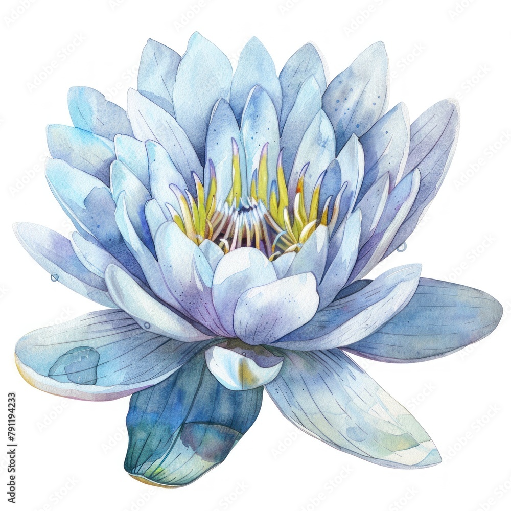 A watercolor painting of a blue water lily with a yellow center. A watercolor painting of a blue water lily with a yellow center.