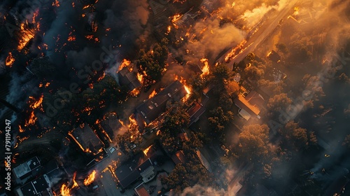 Aerial view of a forest fire encroaching on residential areas, with homes and buildings at risk of being consumed by the advancing flames. photo