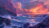 Close-up of a dramatic coastal cliff, with waves crashing against rugged rocks and a vibrant sunset painting the sky with hues of orange and pink.