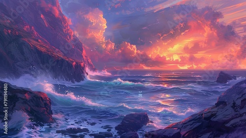 Close-up of a dramatic coastal cliff, with waves crashing against rugged rocks and a vibrant sunset painting the sky with hues of orange and pink. photo