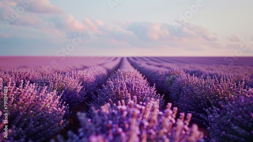 Close-up of a field of lavender in bloom  with rows of fragrant purple flowers stretching to the horizon under a cloudless sky.