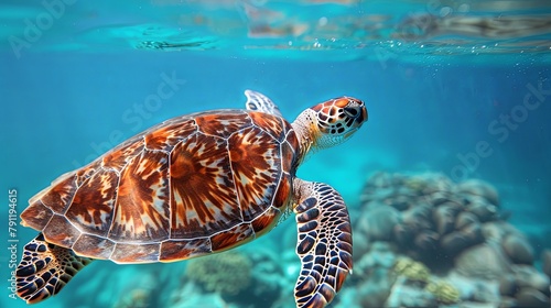 Close-up of a sea turtle swimming gracefully in clear blue waters  its flippers propelling it through the ocean with effortless ease and grace.