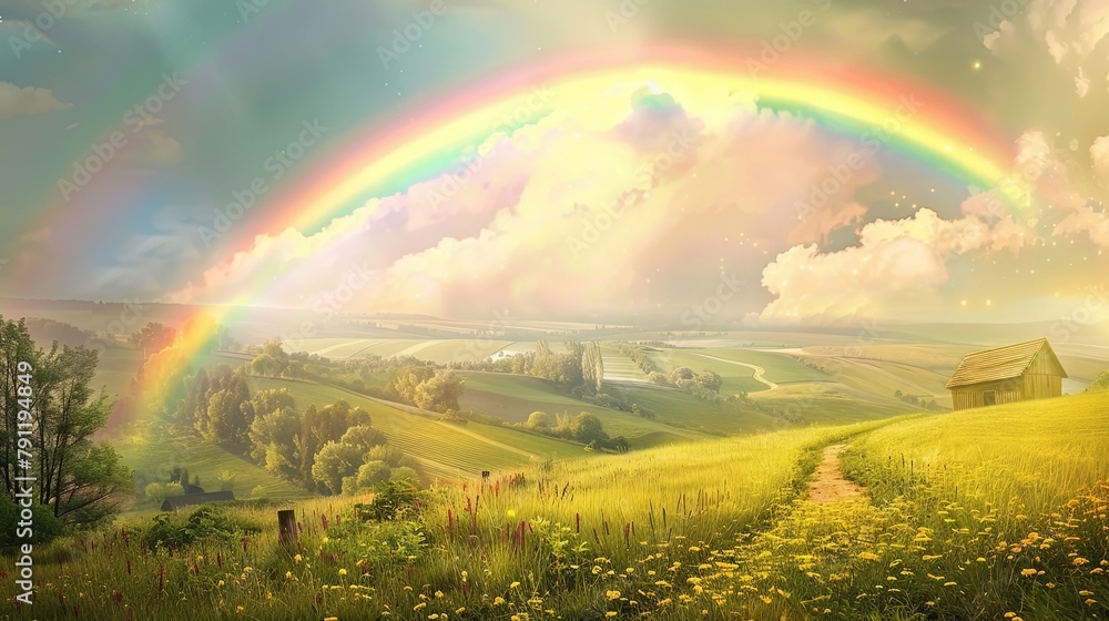 Obraz premium Close-up of a vibrant rainbow arching over a rural countryside, adding a splash of color to the pastoral scene below.