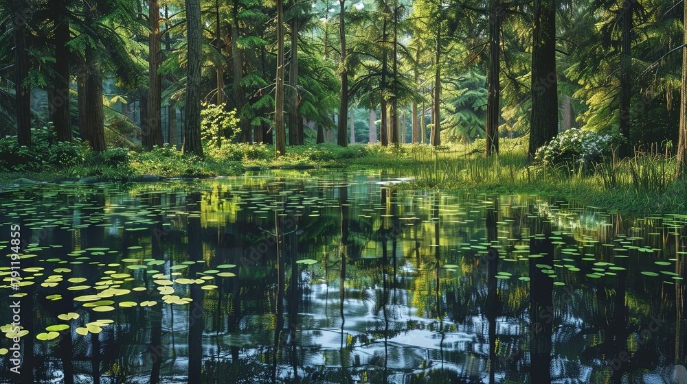 Close-up of a tranquil forest pond surrounded by tall trees and vibrant foliage, with reflections of the lush greenery mirrored in the calm water. Close-up of a tranquil forest pond surrounded by tall trees and vibrant foliage, with reflections of the lush greenery mirrored in the calm water.