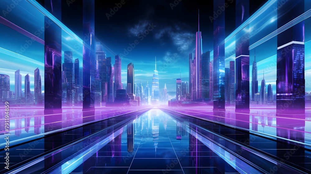 Futuristic city at night with neon lights. 3d rendering