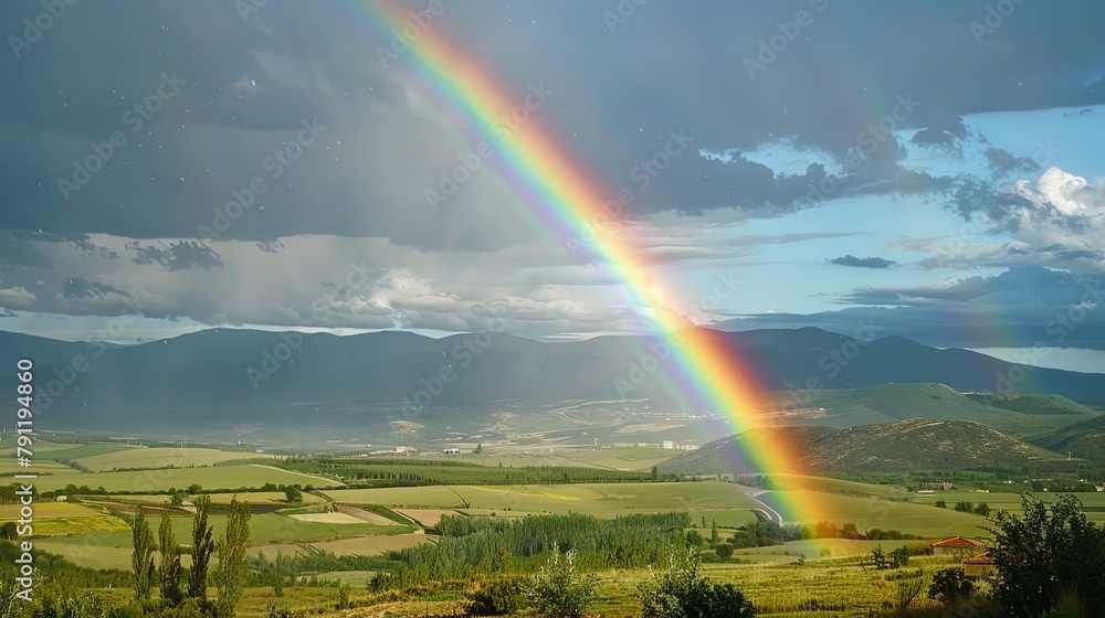 Close-up of a vibrant rainbow arching over a rural countryside, adding a splash of color to the pastoral scene below. Close-up of a vibrant rainbow arching over a rural countryside, adding a splash of color to the pastoral scene below.
