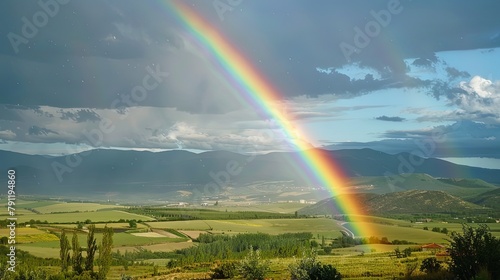 Close-up of a vibrant rainbow arching over a rural countryside, adding a splash of color to the pastoral scene below.