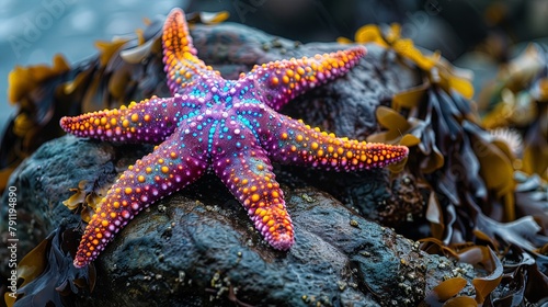 Close-up of a vibrant starfish clinging to a rock in a tide pool  its colorful arms outstretched in a striking display of marine beauty.