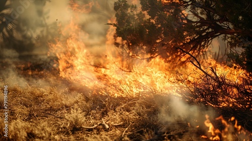 Close-up of a wildfire spreading rapidly through dry underbrush, fueled by high winds and dry conditions, posing a threat to the surrounding ecosystem.