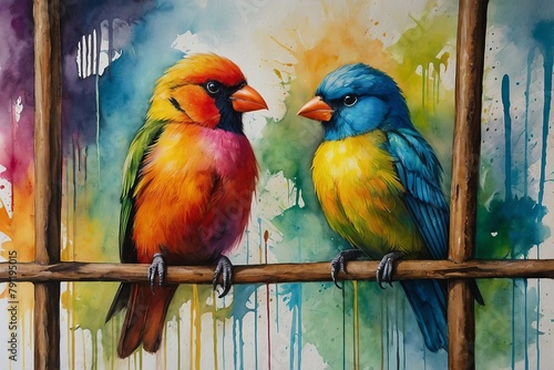 Two birds on a branch, Watercolor