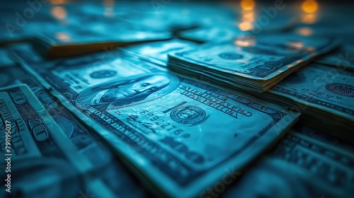Glowing Currency: Blue-Tinted Image of U.S. Dollar Bills