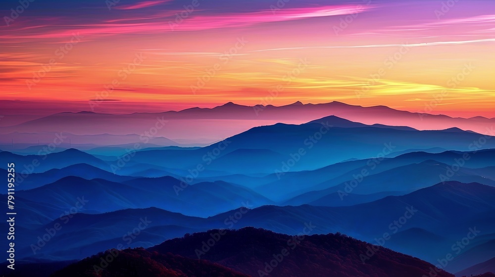 Dramatic shadows of mountains against a colorful sky at dusk, creating a breathtaking vista in a majestic natural landscape.