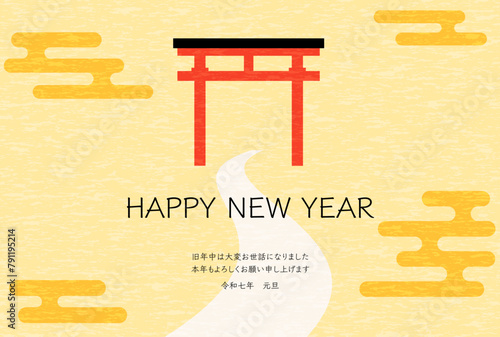 2025年の和風年賀状、鳥居、初詣のイメージ