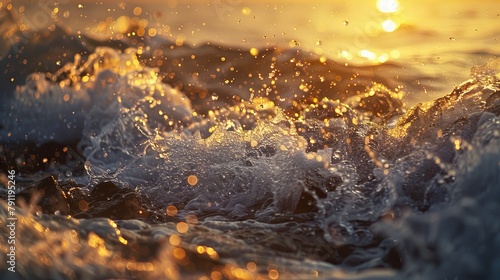 Close-up of waves breaking on rocks as the sun sets in the distance, creating a serene and picturesque seascape bathed in golden light.