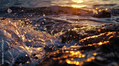 Close-up of waves breaking on rocks as the sun sets in the distance, creating a serene and picturesque seascape bathed in golden light.