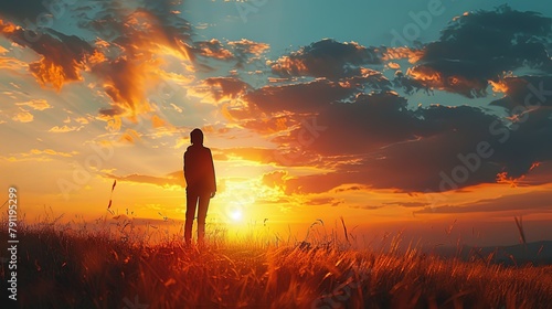 Elegant silhouette of a person against a vibrant sunset, with long shadows stretching across the landscape in a picturesque scene.