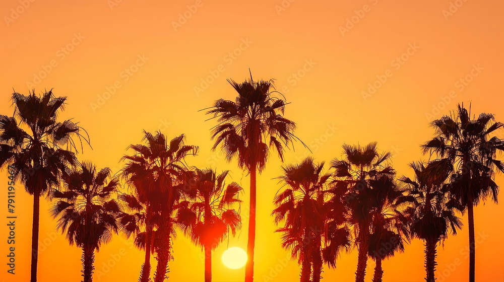 Silhouette of palm trees against a vibrant orange sky as the sun dips below the horizon, signaling the transition from day to night. Silhouette of palm trees against a vibrant orange sky as the sun dips below the horizon, signaling the transition from day to night.