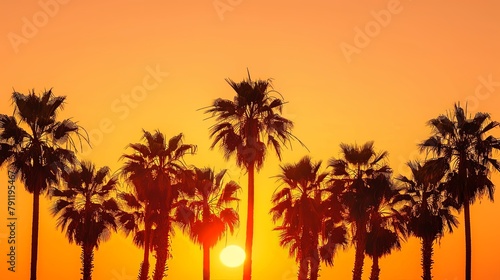 Silhouette of palm trees against a vibrant orange sky as the sun dips below the horizon, signaling the transition from day to night. © chanidapa