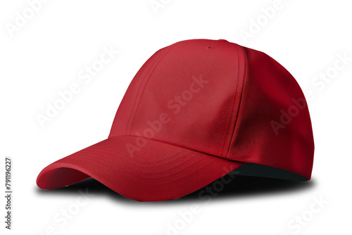 Red cap mockup front view, side view isolated cutout, object with shadow on transparent background, a hat is a baseball cap, mockup, blank, sport photo