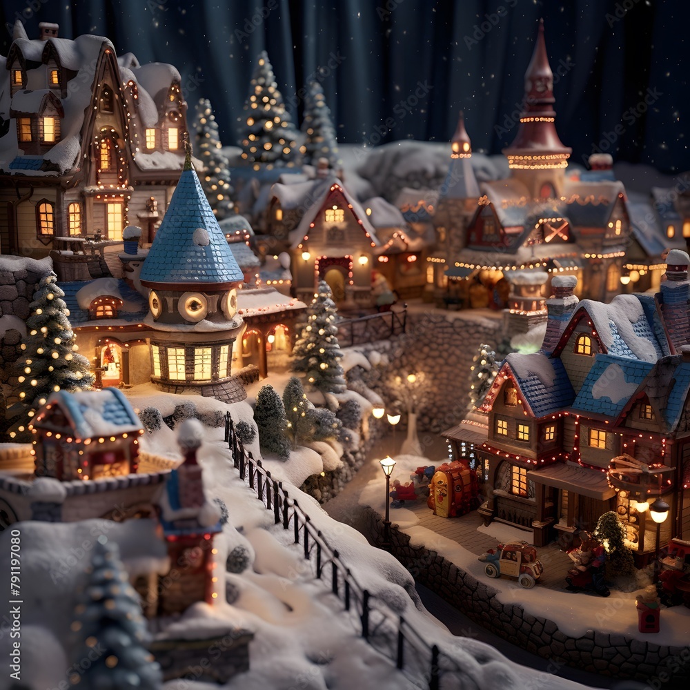 Christmas miniature scene with houses, trees and snowflakes. Christmas background.