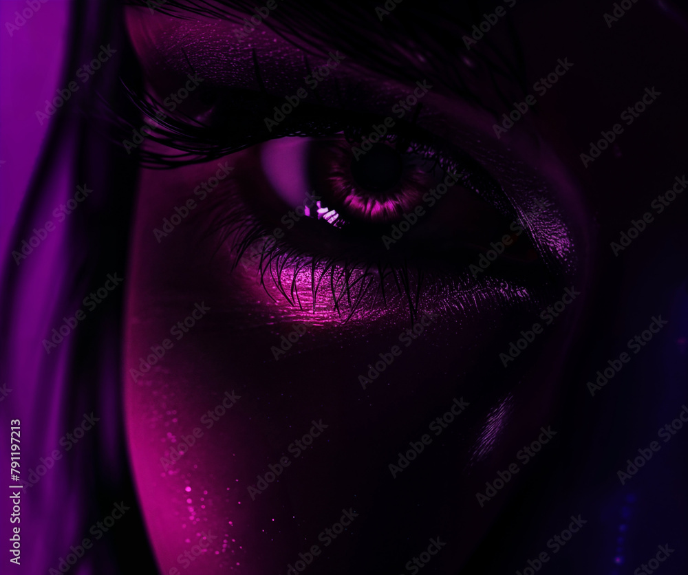 dark pink eye close-up, zoom of woman's eye and lashes 