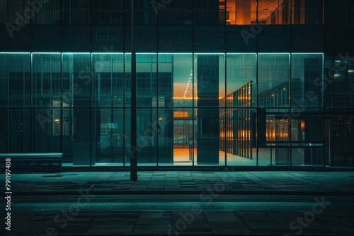 Modern office building windows lit in evening night early morning long working hours exhaustion overtime exterior urban architecture skyscraper lights tower financial sector banking hq headquarters
