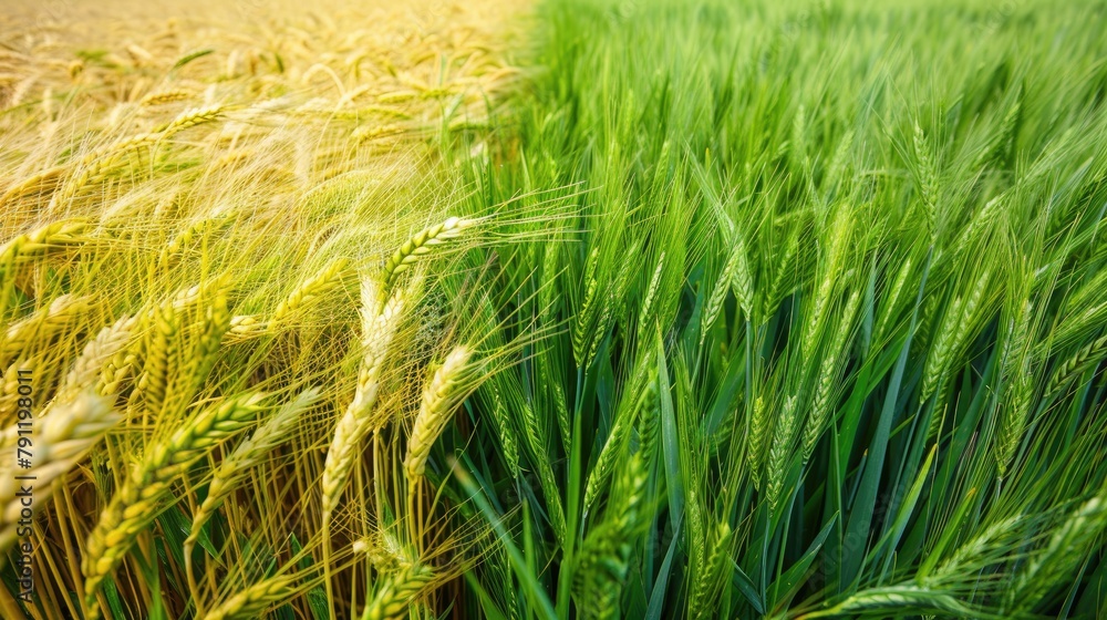 Obraz premium Barley and wheat crops interface in a sunlit field displaying contrasting shades of green