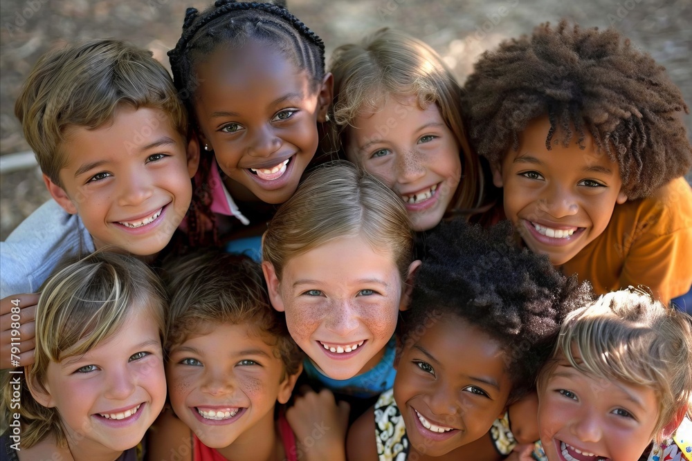 Group of children smiling and looking at the camera in a sunny day