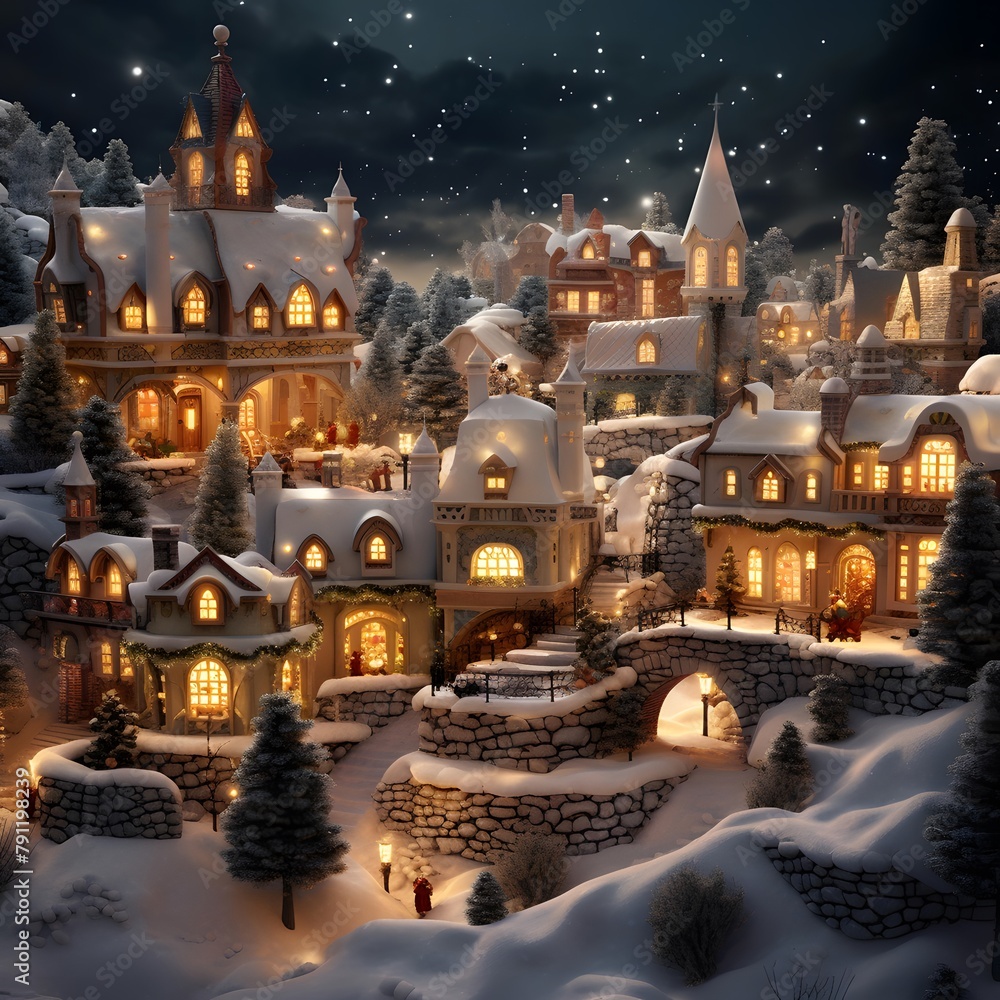 Christmas scene with a small village in the snow. 3D rendering
