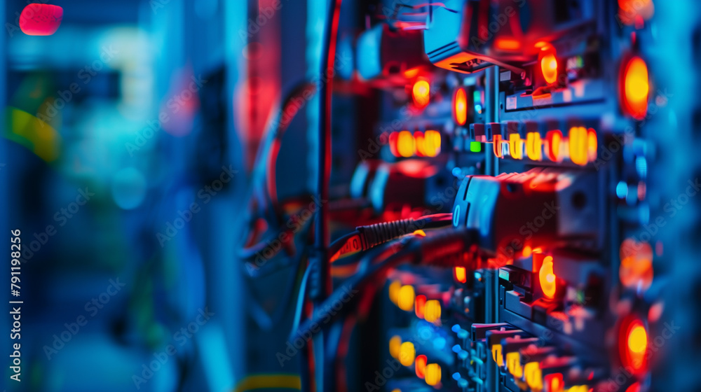 A computer server room with many red lights on A computer server room with many red lights on
