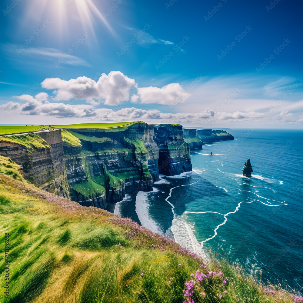 Famous cliffs of Moher at sunset in Co. Clare Ireland Europe. Beautiful landscape as natural attraction. - obrazy, fototapety, plakaty 