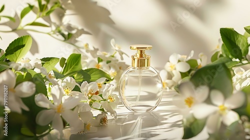 Exquisite Beauty: Glass Perfume Bottle with White Florals and Gold Cap
