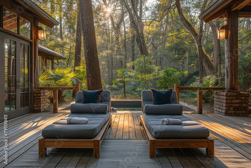 **two lounge chairs are on a deck in the forest, in the style of exotic flora and fauna, landscape-focused, expansive landscapes, organic, southern countryside, high quality photo, plein air landscape photo